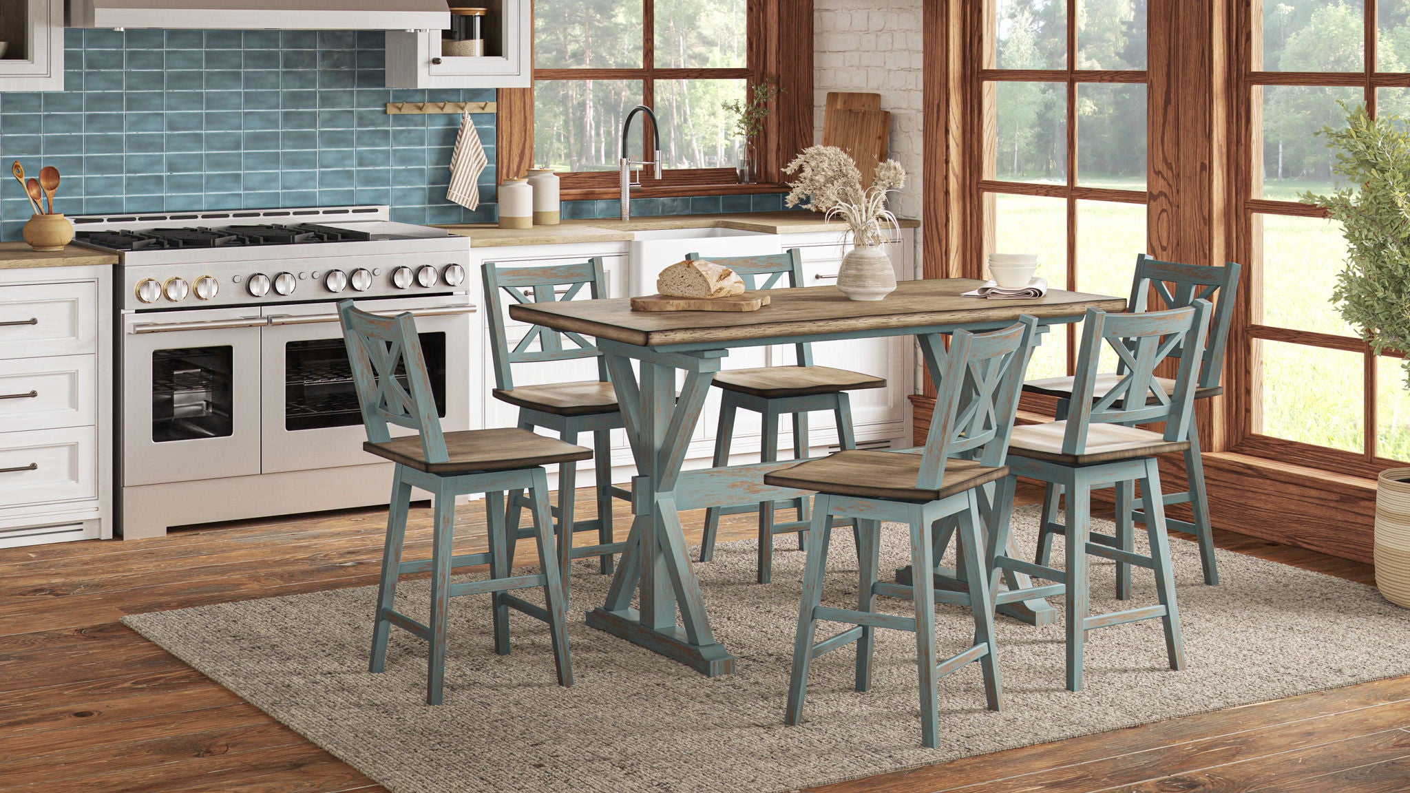 Summerville II - Counter Dining Table - Light Blue / Rustic