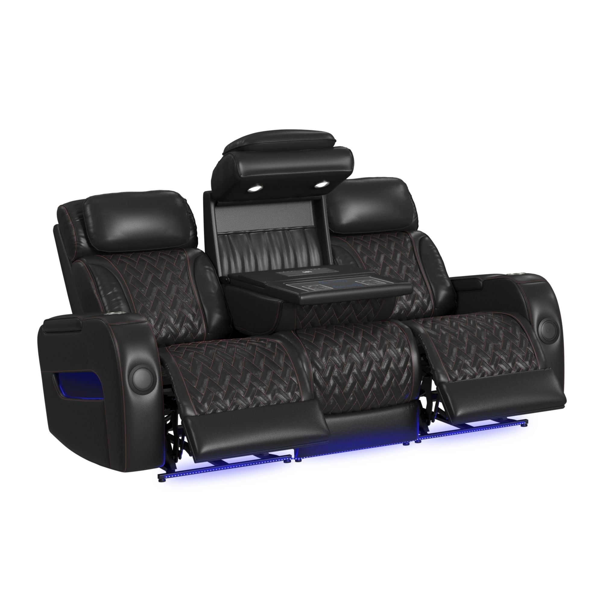 Prime Time - P3 Sofa With I Table, Reading Light, Heat, Massage, LED, And Speaker - Jett Black With Red Stitching