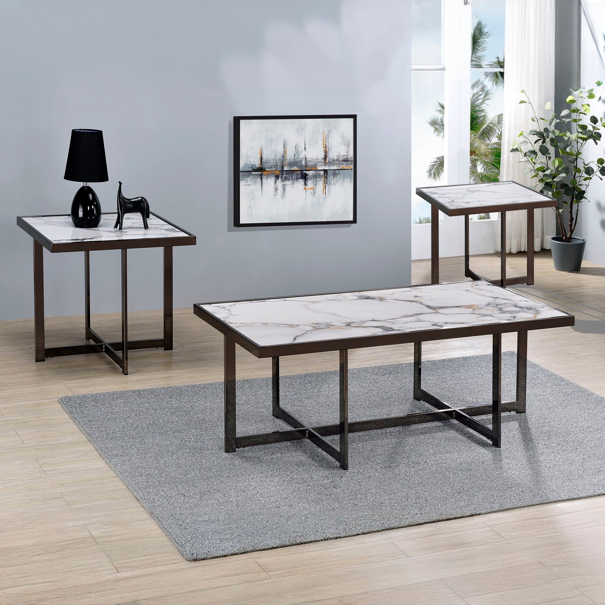 Kayley - 3 Piece Sintered Stone Inlay Occasional Table Set - White / Black