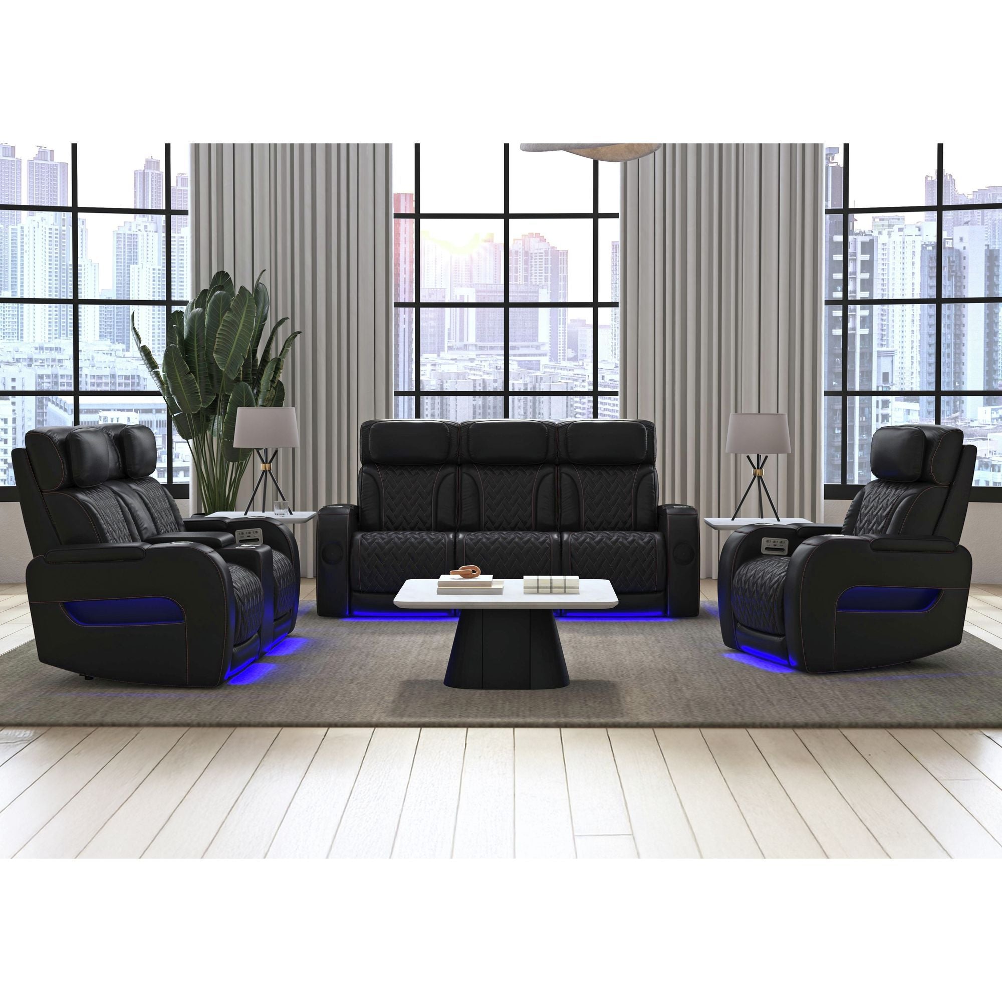 Prime Time - P3 Recliner With LED And Wireless Charger Pocket - Jett Black With Red Stitching