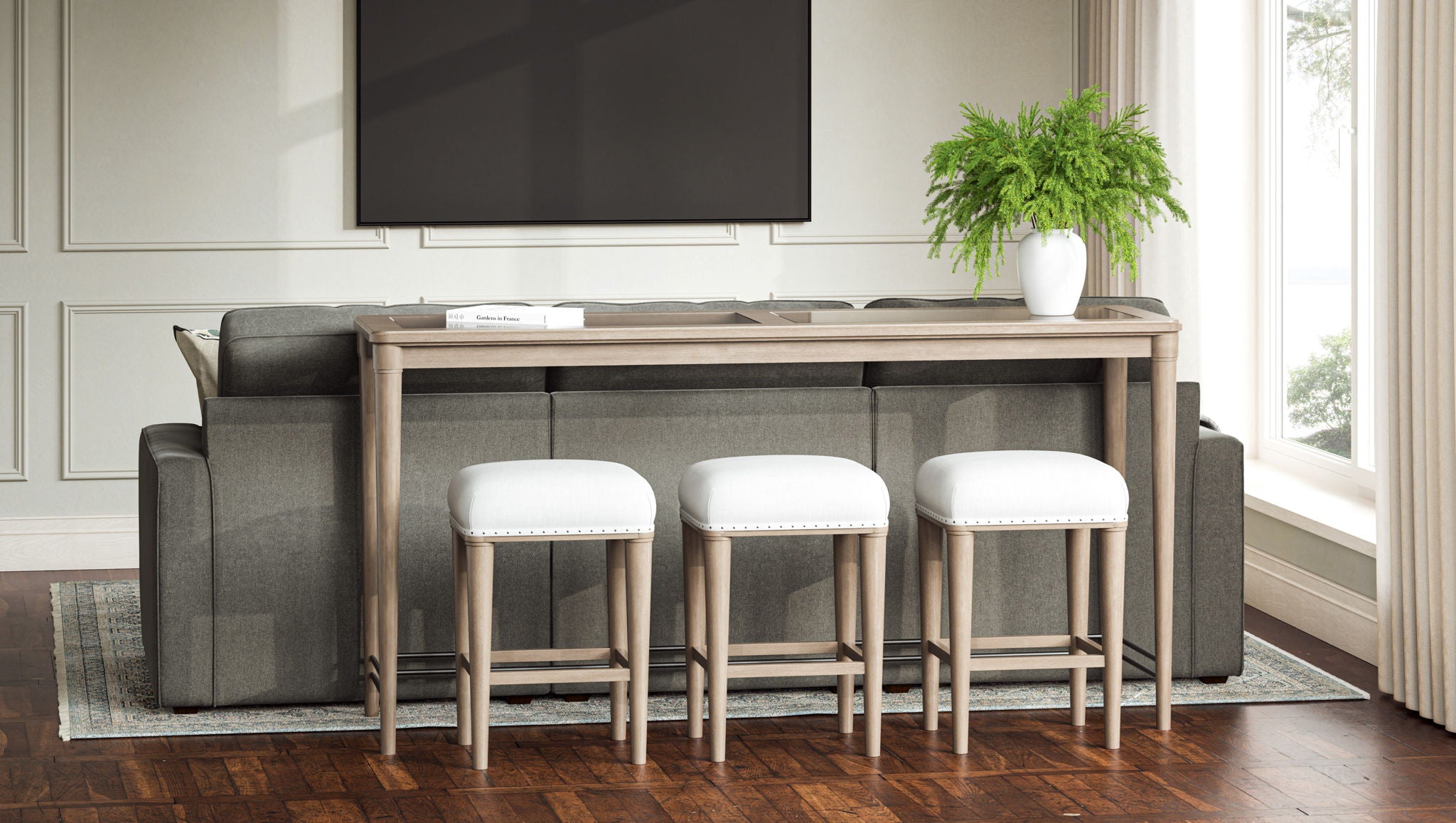 Citrus Heights - Frosted Glass Console Table With 3 Stools - Sand