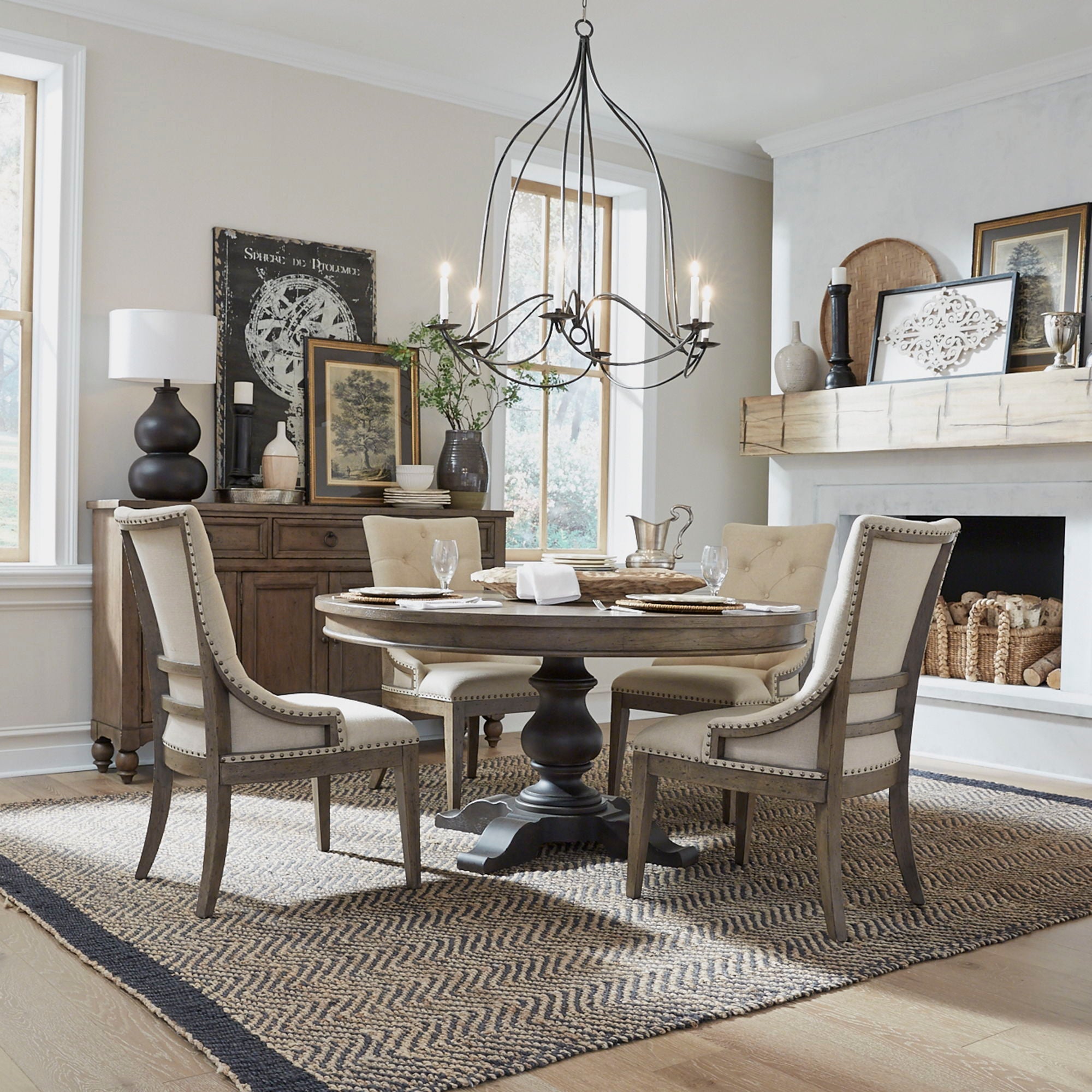 Americana Farmhouse - 5 Piece Pedestal Table Set (Upholstered Shelter Side Chairs) - Light Brown