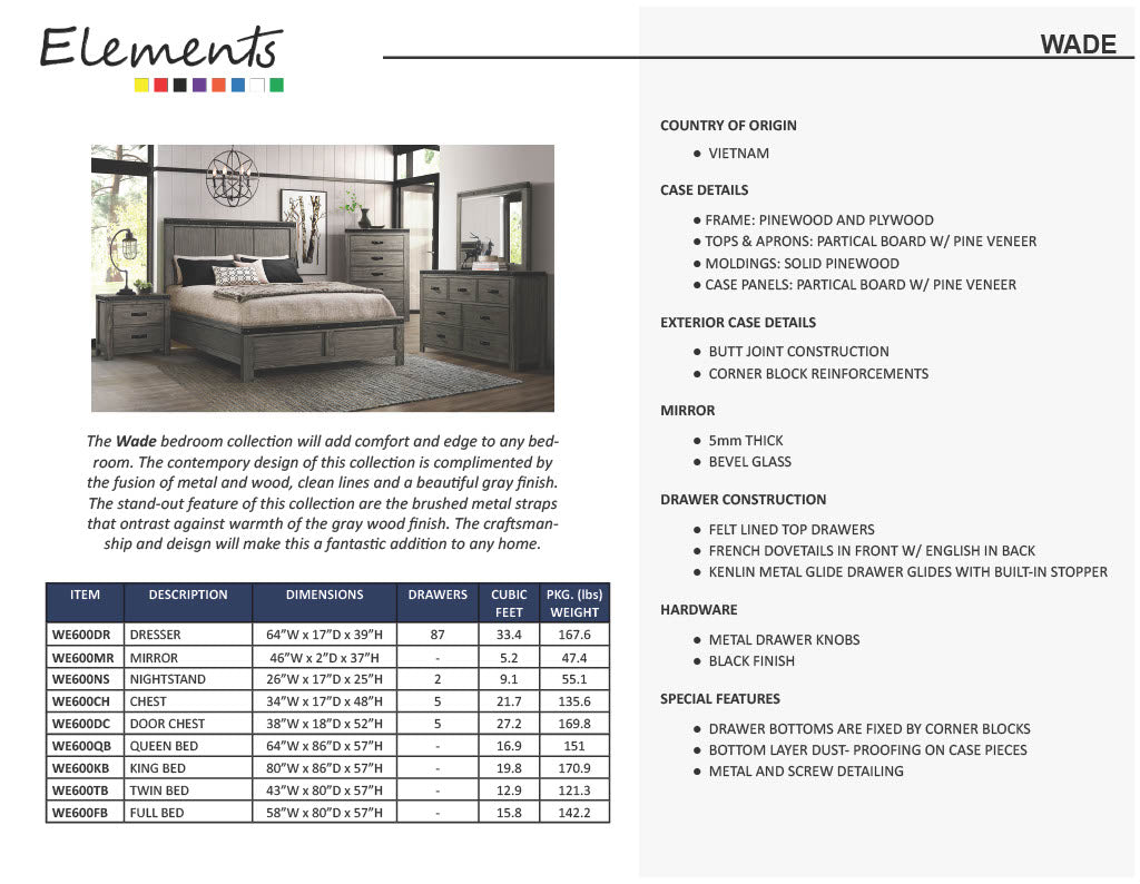 Elements International Wade Gray Bedroom Collection