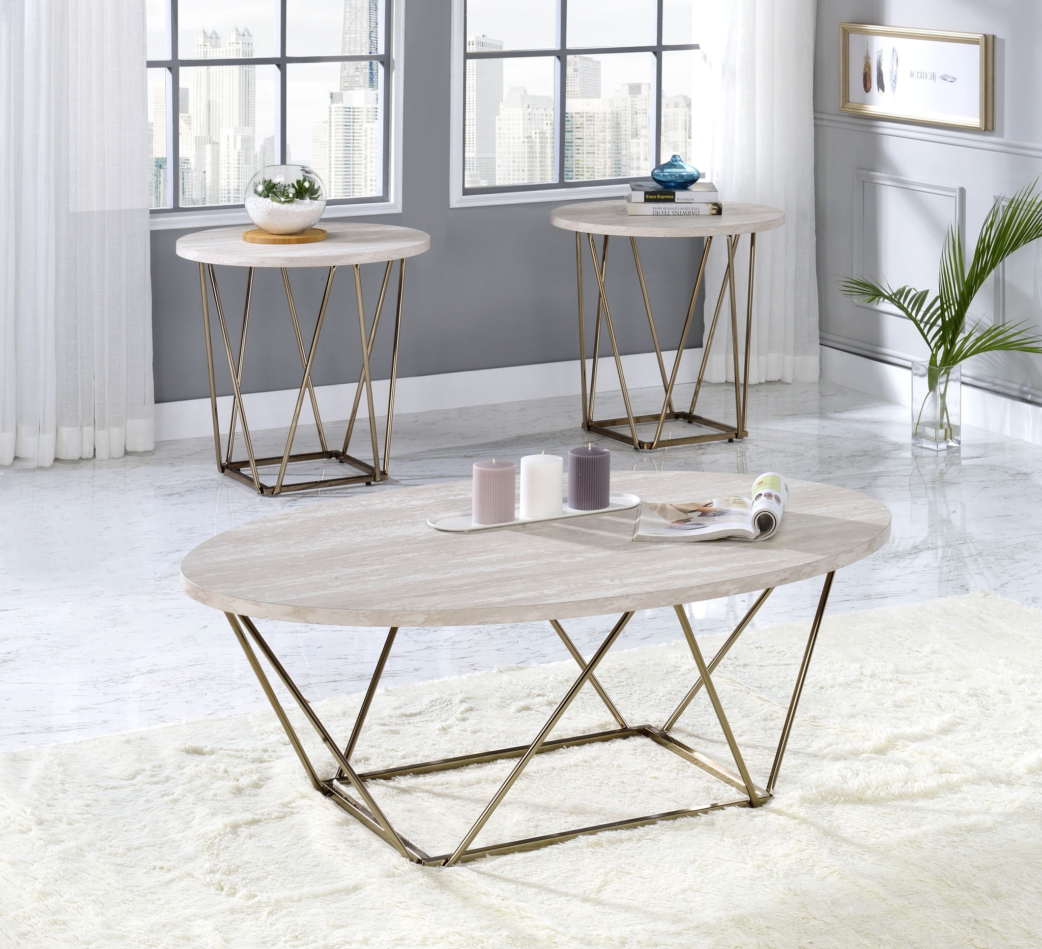 Rowyn - 3 Piece Table Set, Faux Marble Paper Top - Gray