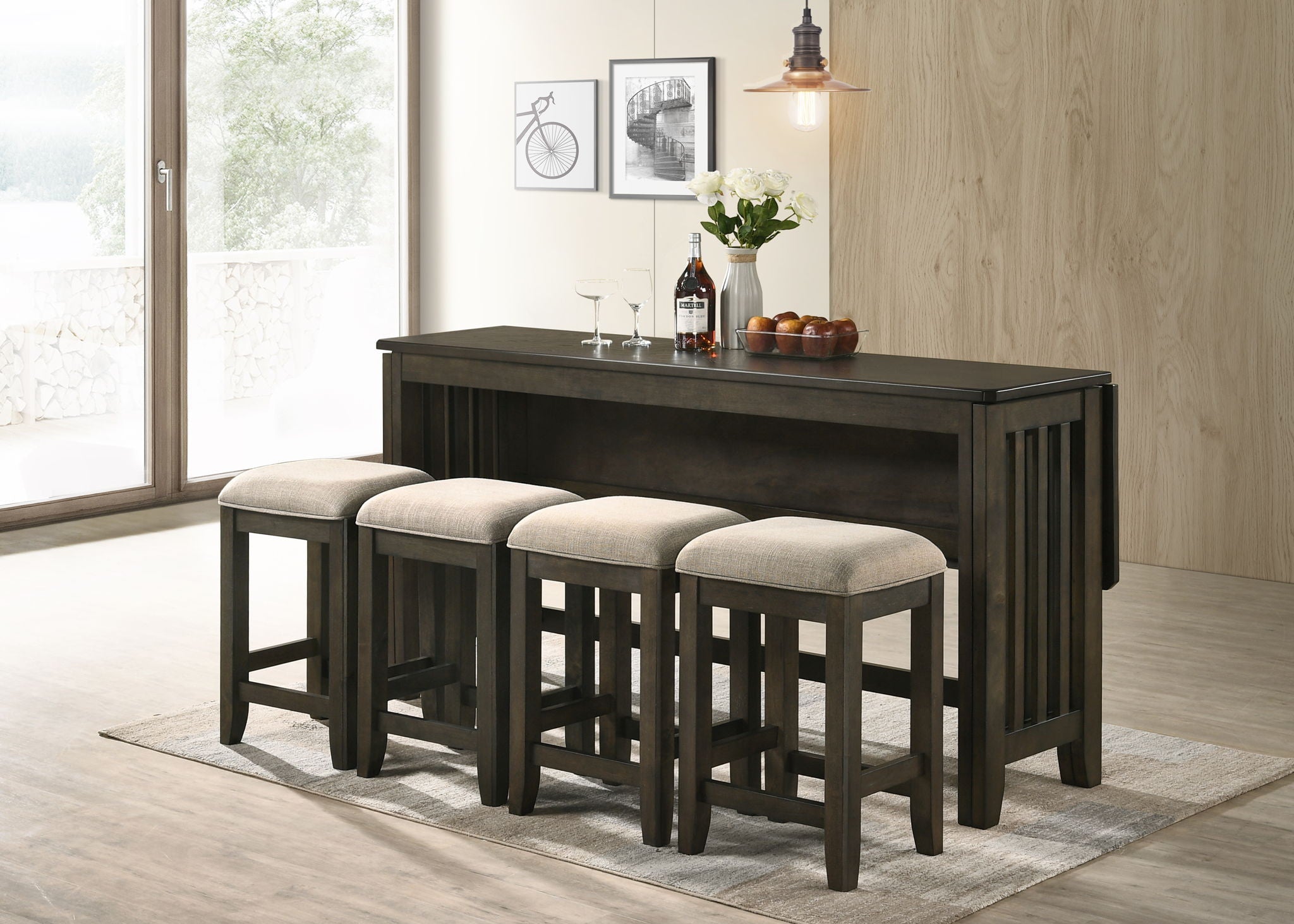Lindsey - 5 Piece Drop Leaf Counter Set - Ebony / Beige