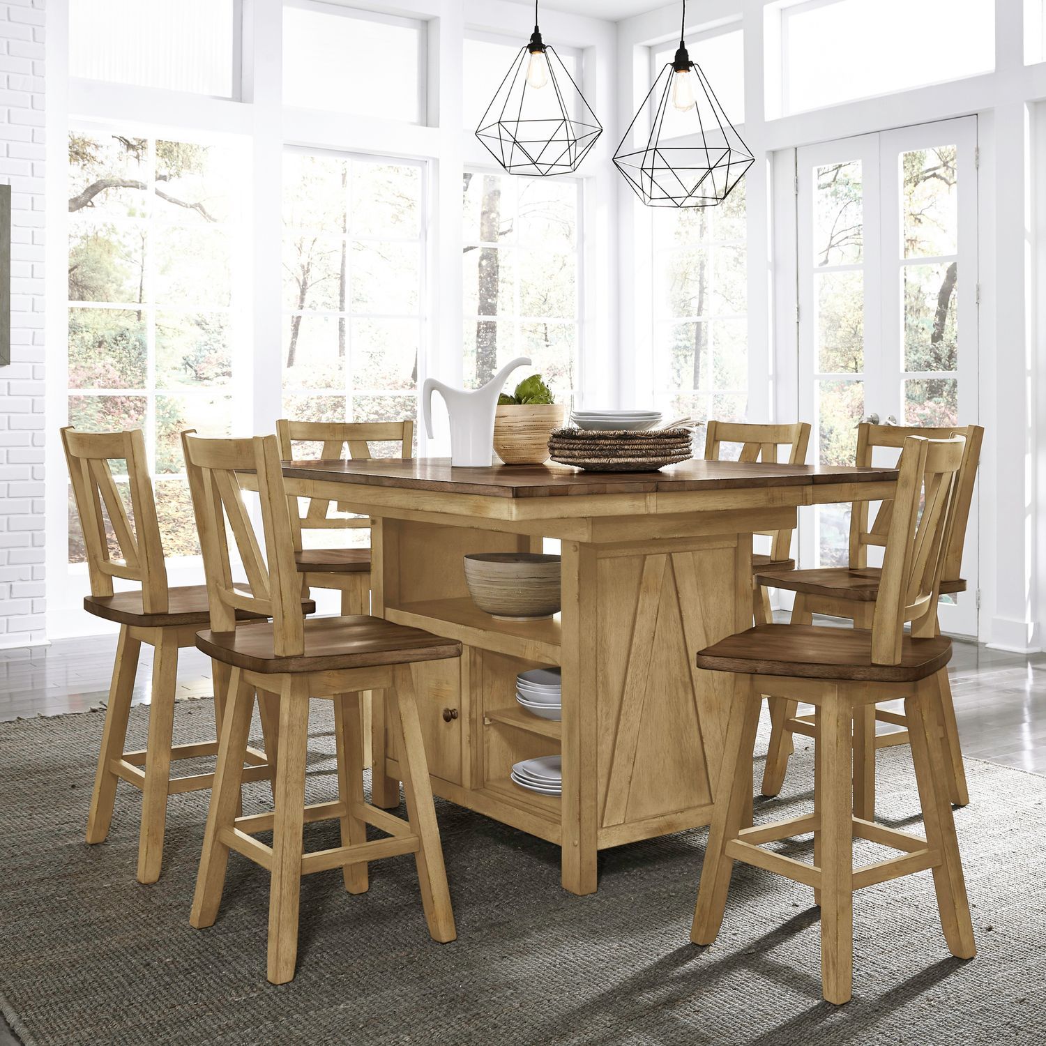 Lindsey Farm - 7 Piece Gathering Table Set - Brown / Dark Brown