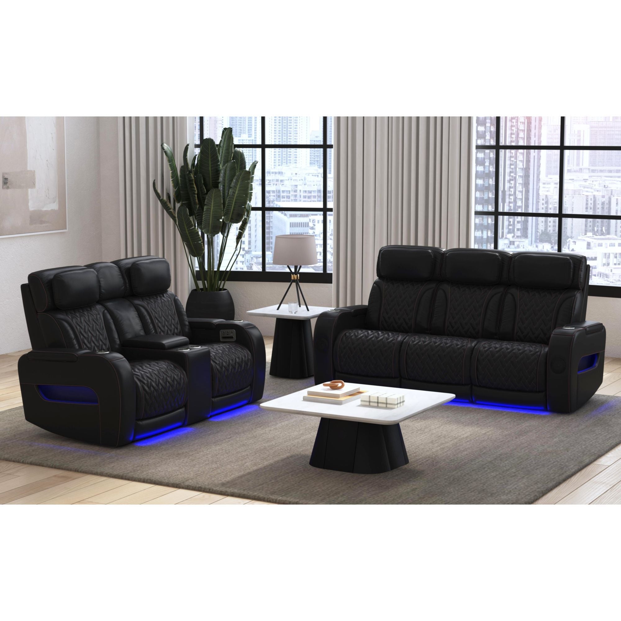 Prime Time - P3 2 Piece Living Room Set (Sofa & Loveseat) - Jett Black With Red Stitching